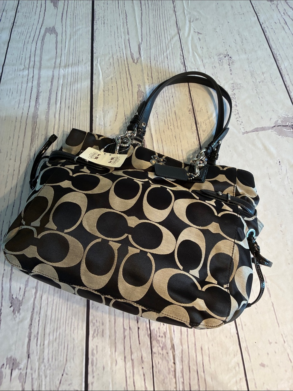 Coach Black and Beige Colette Satin Patterned Tote Bag